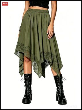 Women's Renaissance Pirate Skirt with Pockets, Elastic Waist, Asymmetrical Lace